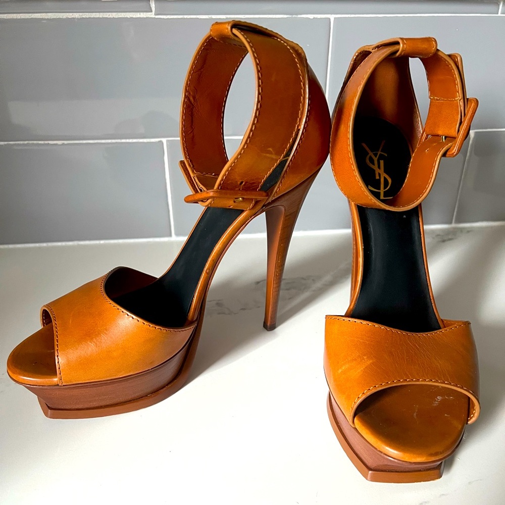 YSL Ambra Tan Leather Platform Ankle Strap Sandals Size 40